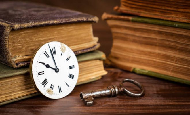 Old vintage watch and key with books, escape room game banner. Time background.